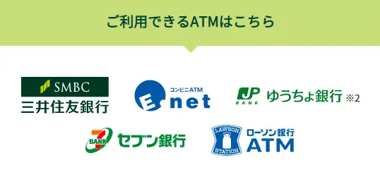 三井住友銀行カードローンを利用できるATMは三井住友銀行、E-net、ゆうちょ銀行、セブン銀行、ローソン銀行です。